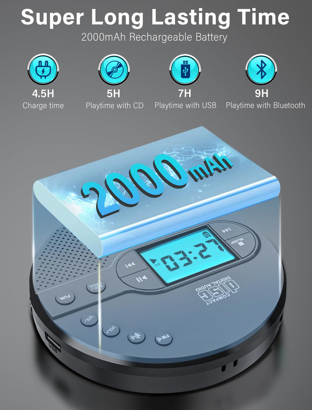 Portable CD Player with Bluetooth USB AUX FM P2433