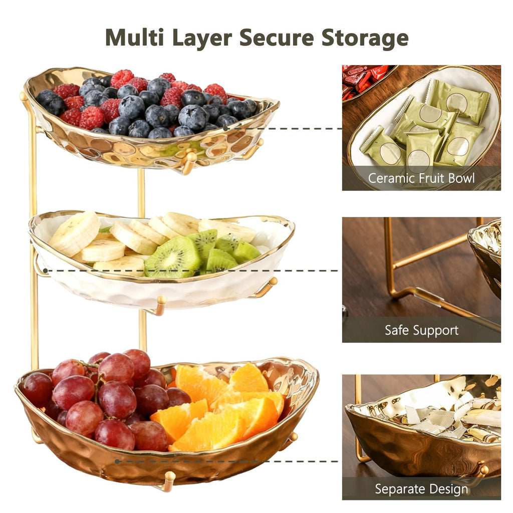 3 Tier Ceramic Fruit Bowl with Metal Stand G41310