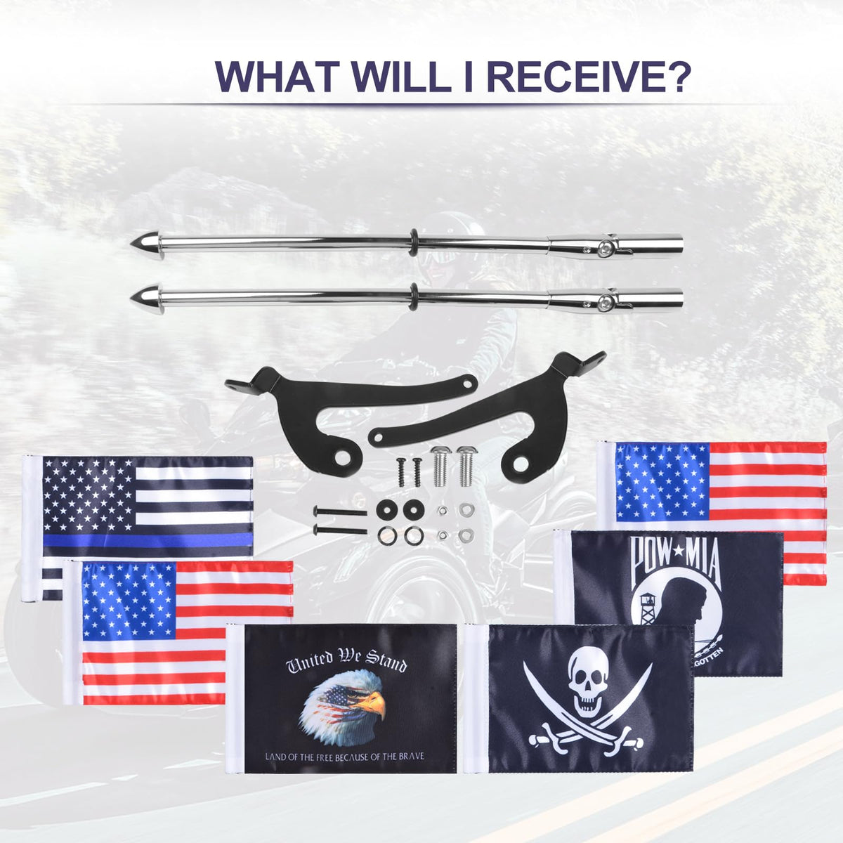 2 Pack Stainless Steel Flag Pole Mount Kit with 6pcs Flags D461