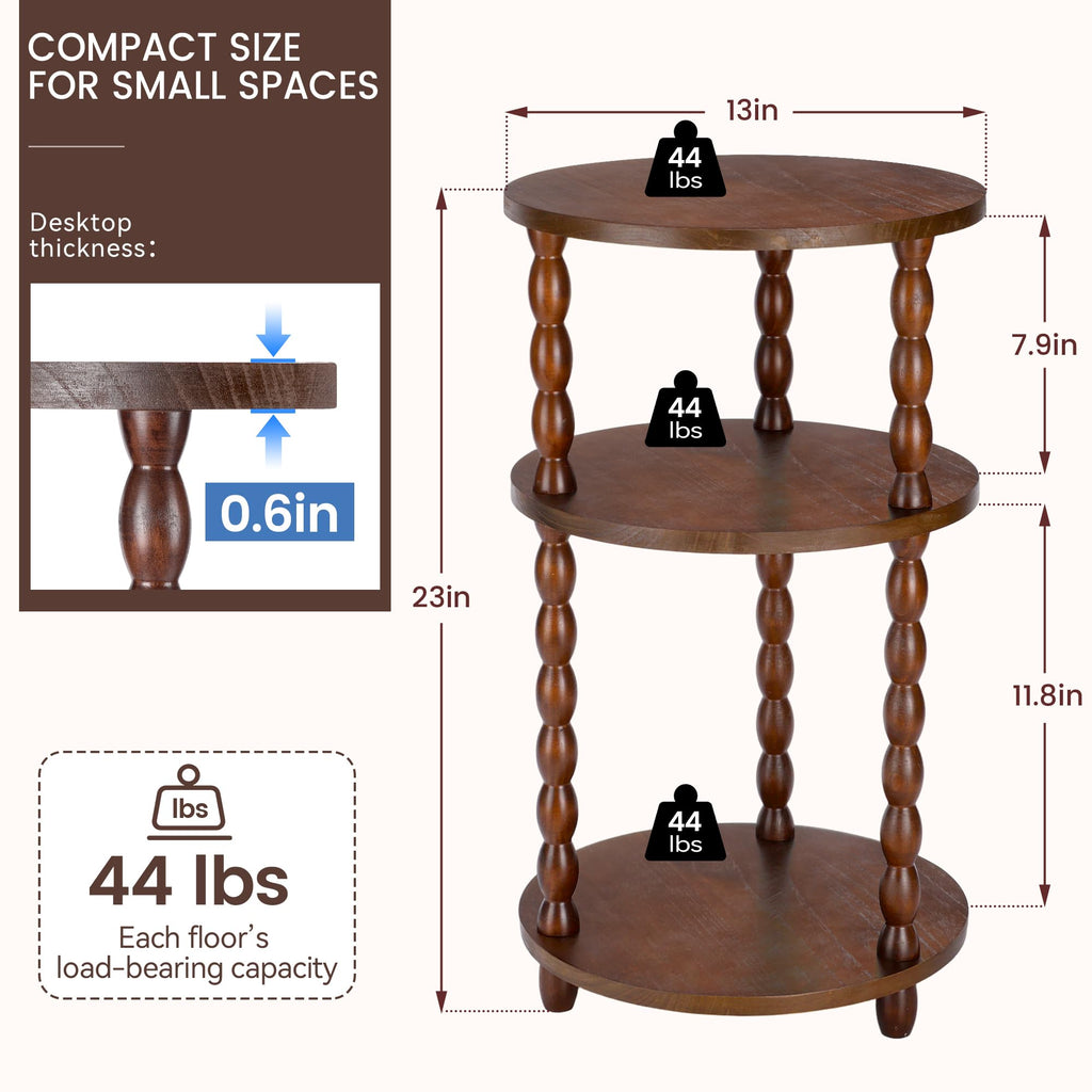 Small Round 3-Tier Solid Wood Side Table with Storage Shelf C874