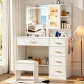 White Vanity Desk with LED Lights Mirror, 5 Drawers, Charging Station & Cushion Stool L3935