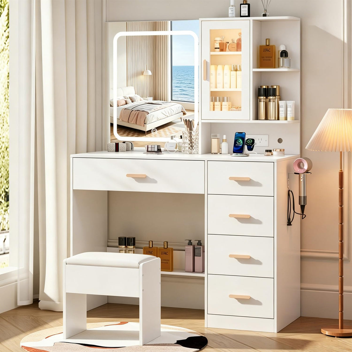 White Vanity Desk with LED Lights Mirror, 5 Drawers, Charging Station & Cushion Stool L3935