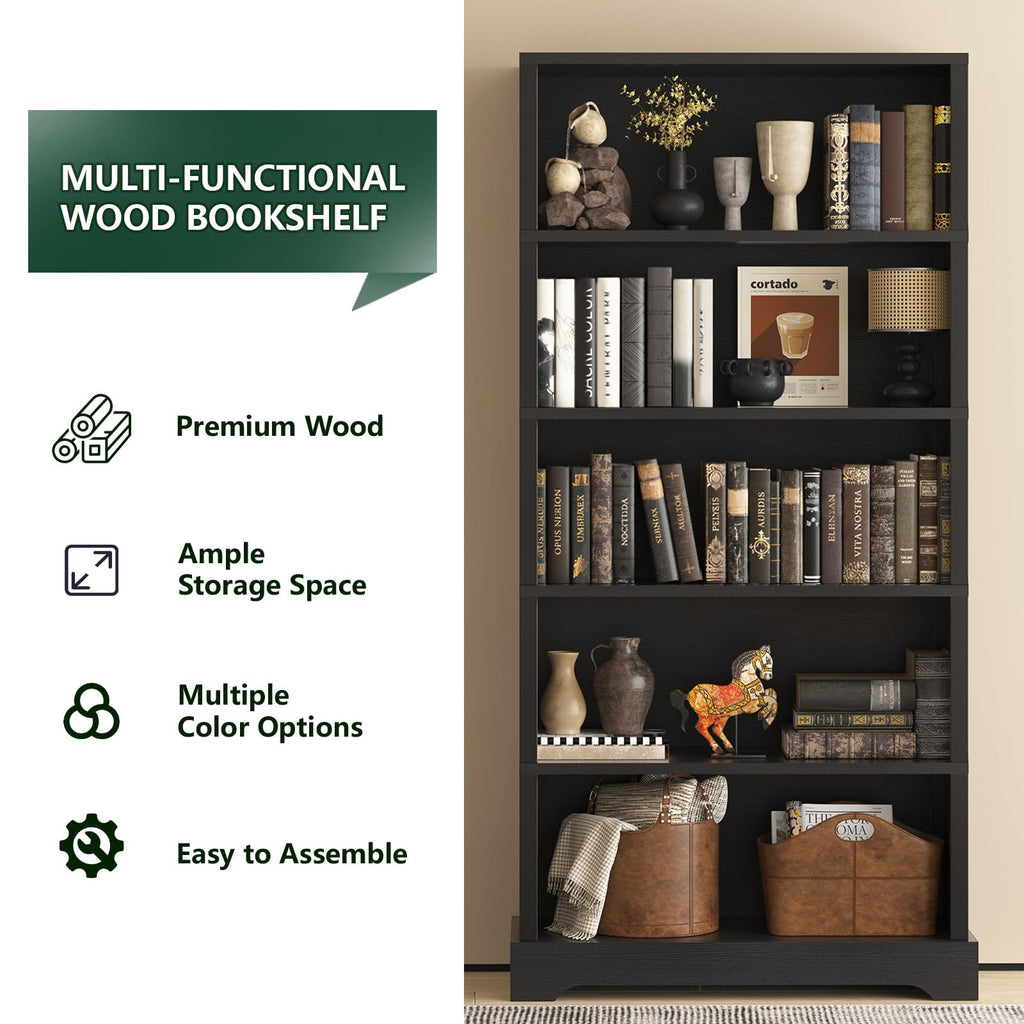 5 Tiers Wooden Bookshelf, 65.2" Tall 31.5" Wide Black Q291