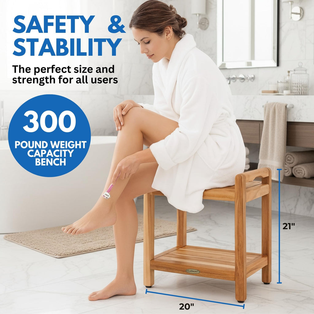 20" Teak Shower Bench with Arms & Storage Shelf O772343
