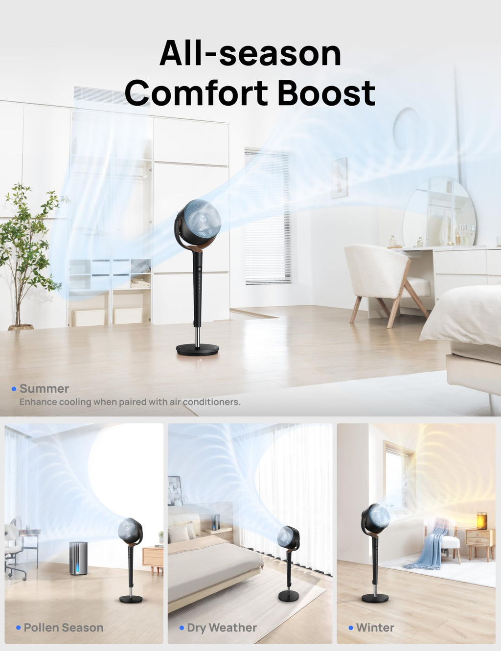 120° Oscillating Standing Fan, Quiet Floor Fan with DC Motor, 9 Speeds, 4 modes, 37-42" Adjustable Height, 9H Timer, Dark Gray E1469