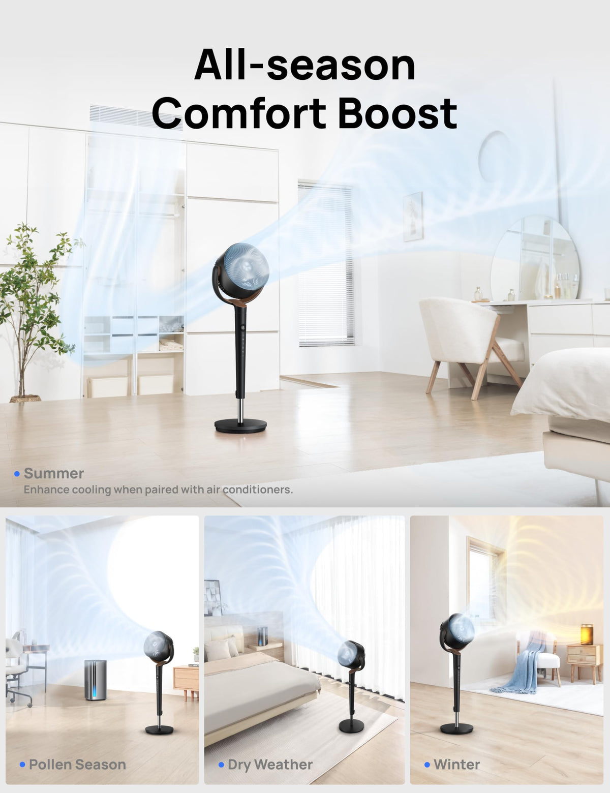120° Oscillating Standing Fan, Quiet Floor Fan with DC Motor, 9 Speeds, 4 modes, 37-42" Adjustable Height, 9H Timer, Dark Gray E1469