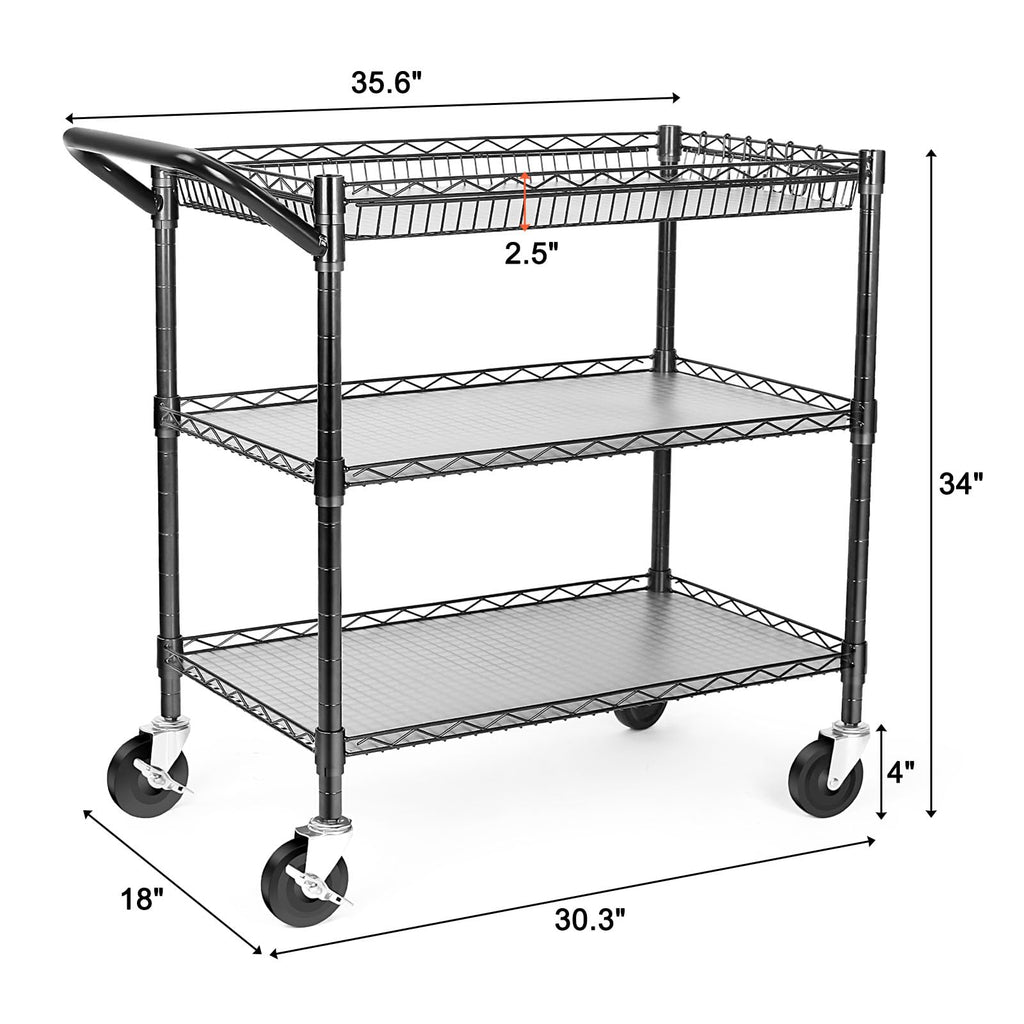 Heavy Duty 3 Tier Rolling Utility Cart with Wheels, Black B5848