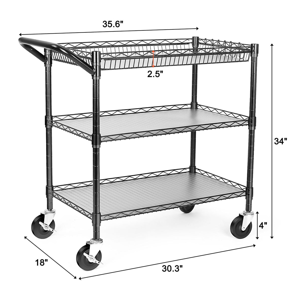 Heavy Duty 3 Tier Rolling Utility Cart with Wheels, Black B5848