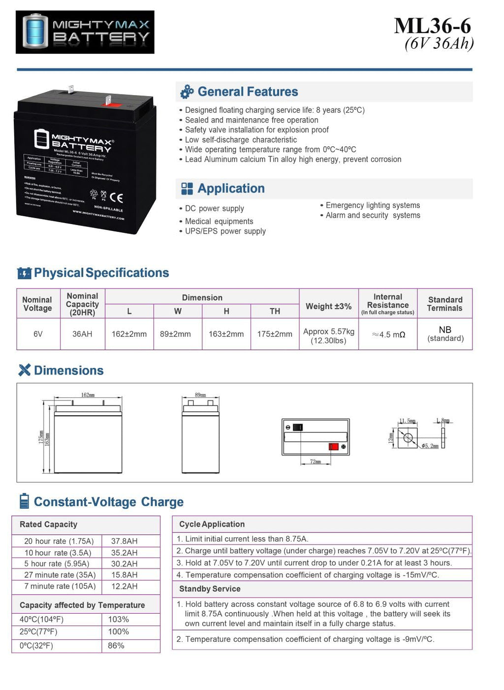 6 Volt 36 AH Rechargeable SLA AGM Battery 4 Pack F809257