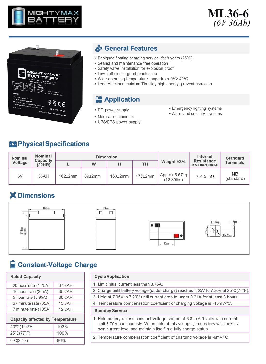 6 Volt 36 AH Rechargeable SLA AGM Battery 4 Pack F809257