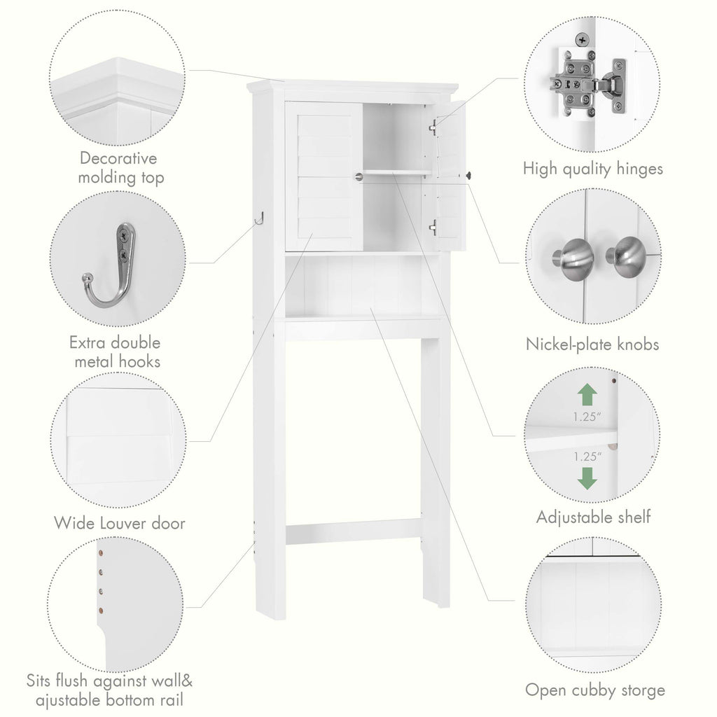 White Over The Toilet Storage Cabinet with Louvered Doors & Hooks G9264