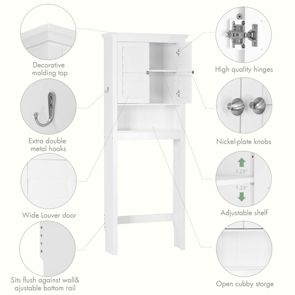 White Over The Toilet Storage Cabinet with Louvered Doors & Hooks G9264