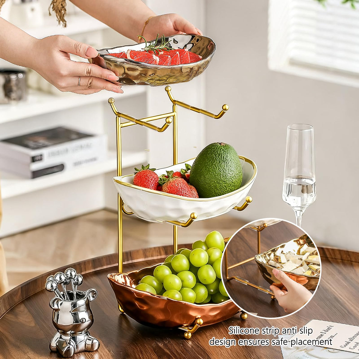 3 Tier Ceramic Fruit Bowl with Metal Stand G41310