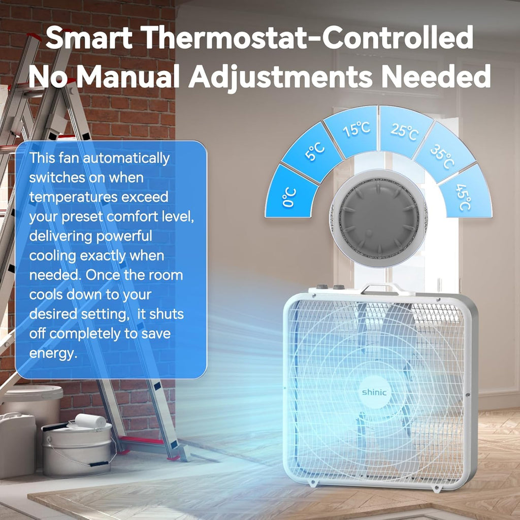 20” Box Fan with Thermostat, 3-Speed Portable Floor Fan, White T669556