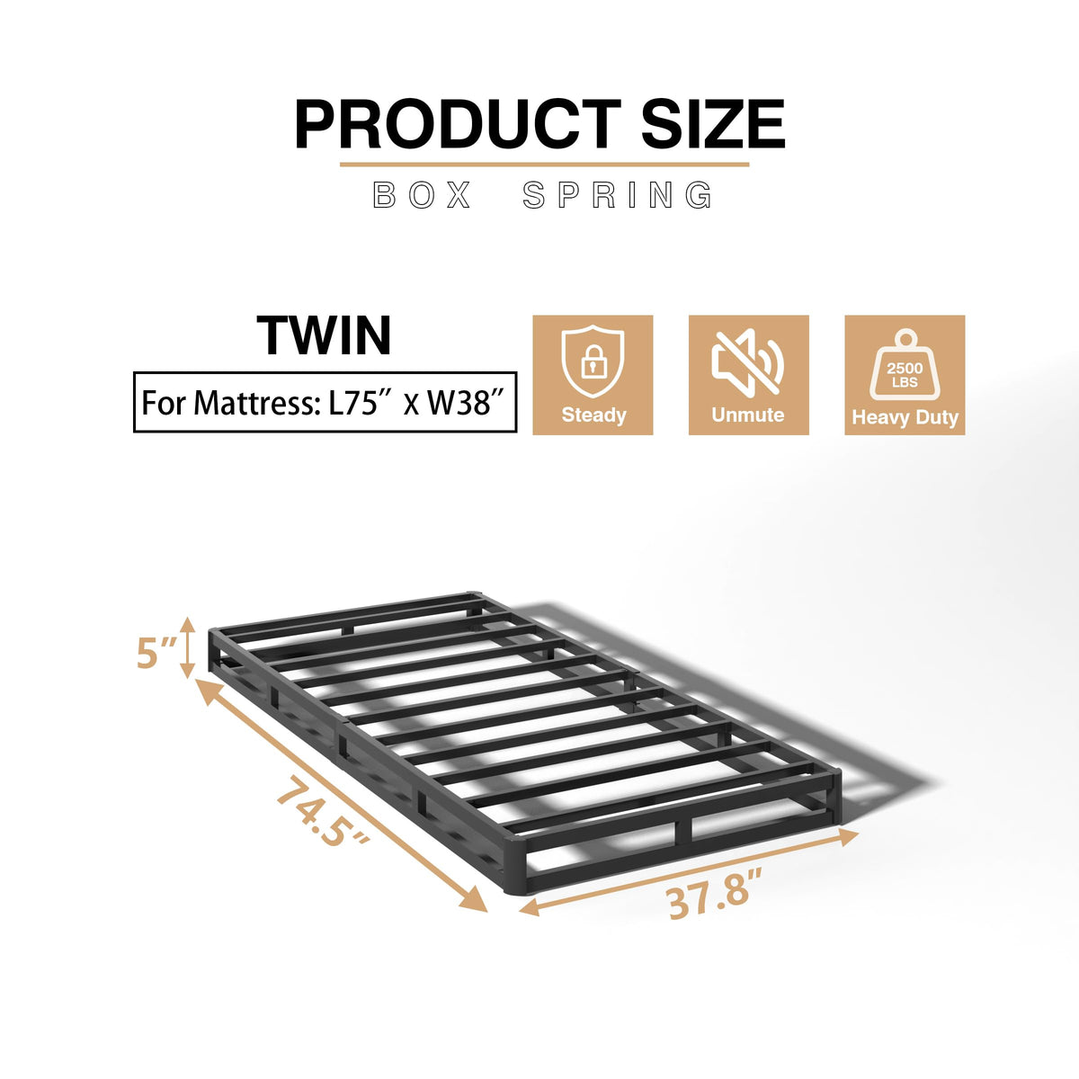 5 Inch Twin Box Spring, Heavy Duty Metal Mattress Foundation, 2500 lbs Capacity U44957
