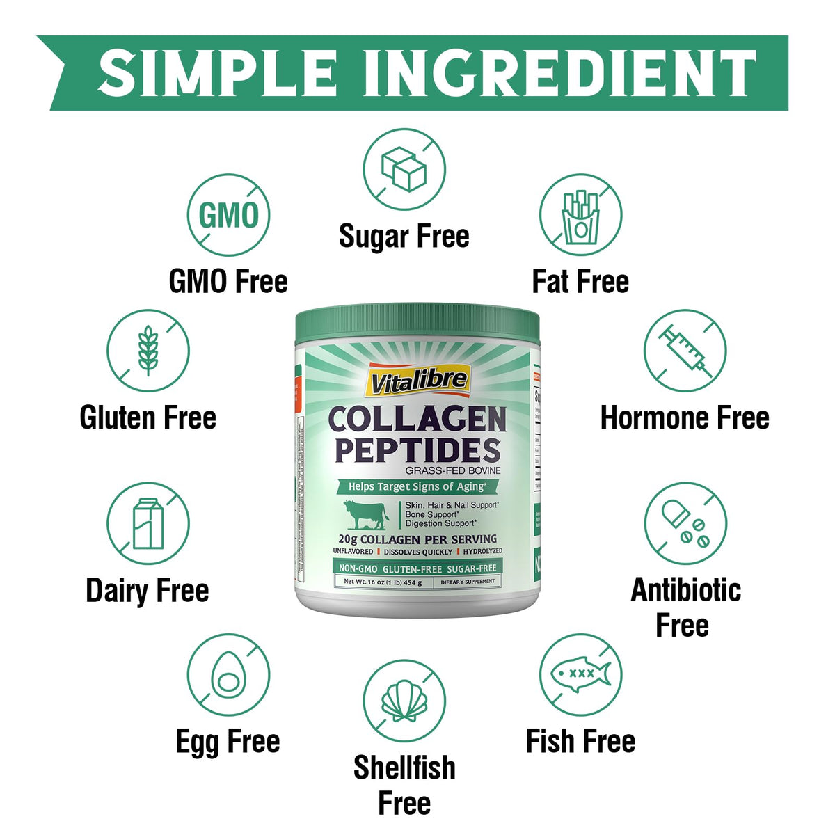 Bovine Collagen Peptides Powder, Hydrolyzed Type I & III, Unflavored, 16oz A66339