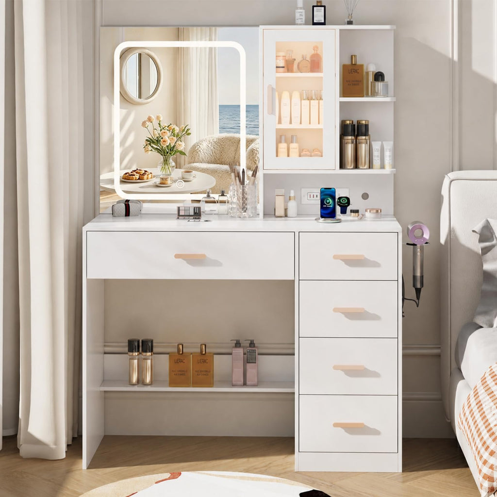 White Vanity Desk with LED Lights Mirror, 5 Drawers, Charging Station & Cushion Stool L3935