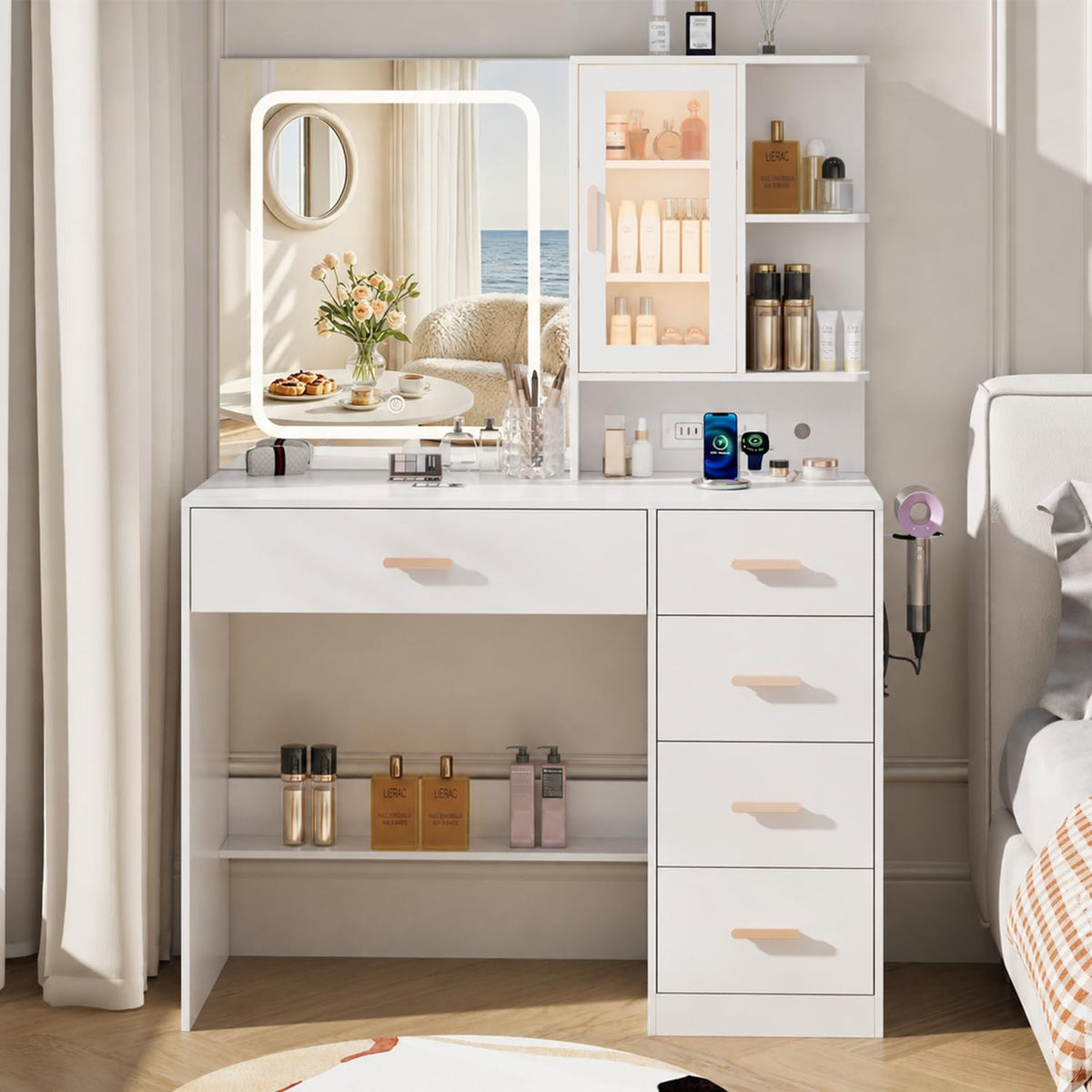 White Vanity Desk with LED Lights Mirror, 5 Drawers, Charging Station & Cushion Stool L3935