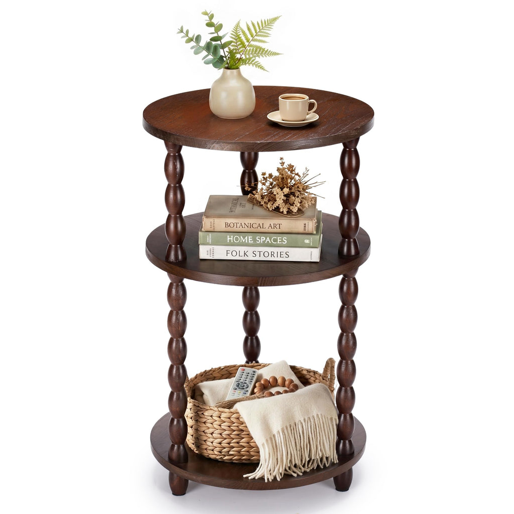 Small Round 3-Tier Solid Wood Side Table with Storage Shelf C874