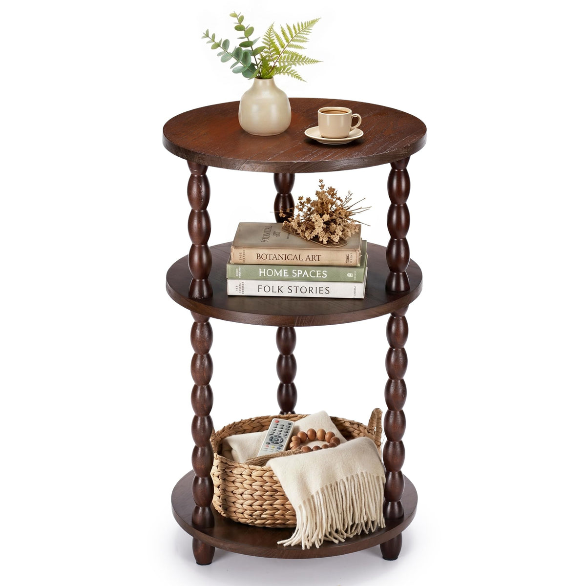 Small Round 3-Tier Solid Wood Side Table with Storage Shelf C874