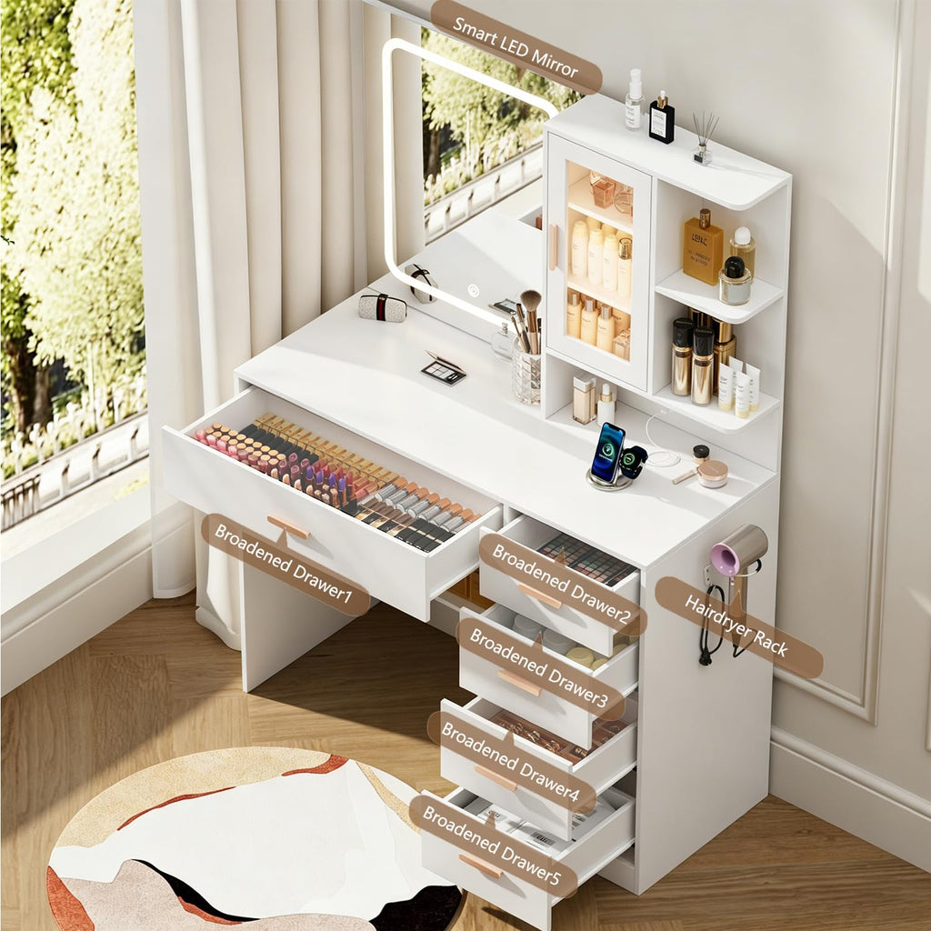 White Vanity Desk with LED Lights Mirror, 5 Drawers, Charging Station & Cushion Stool L3935