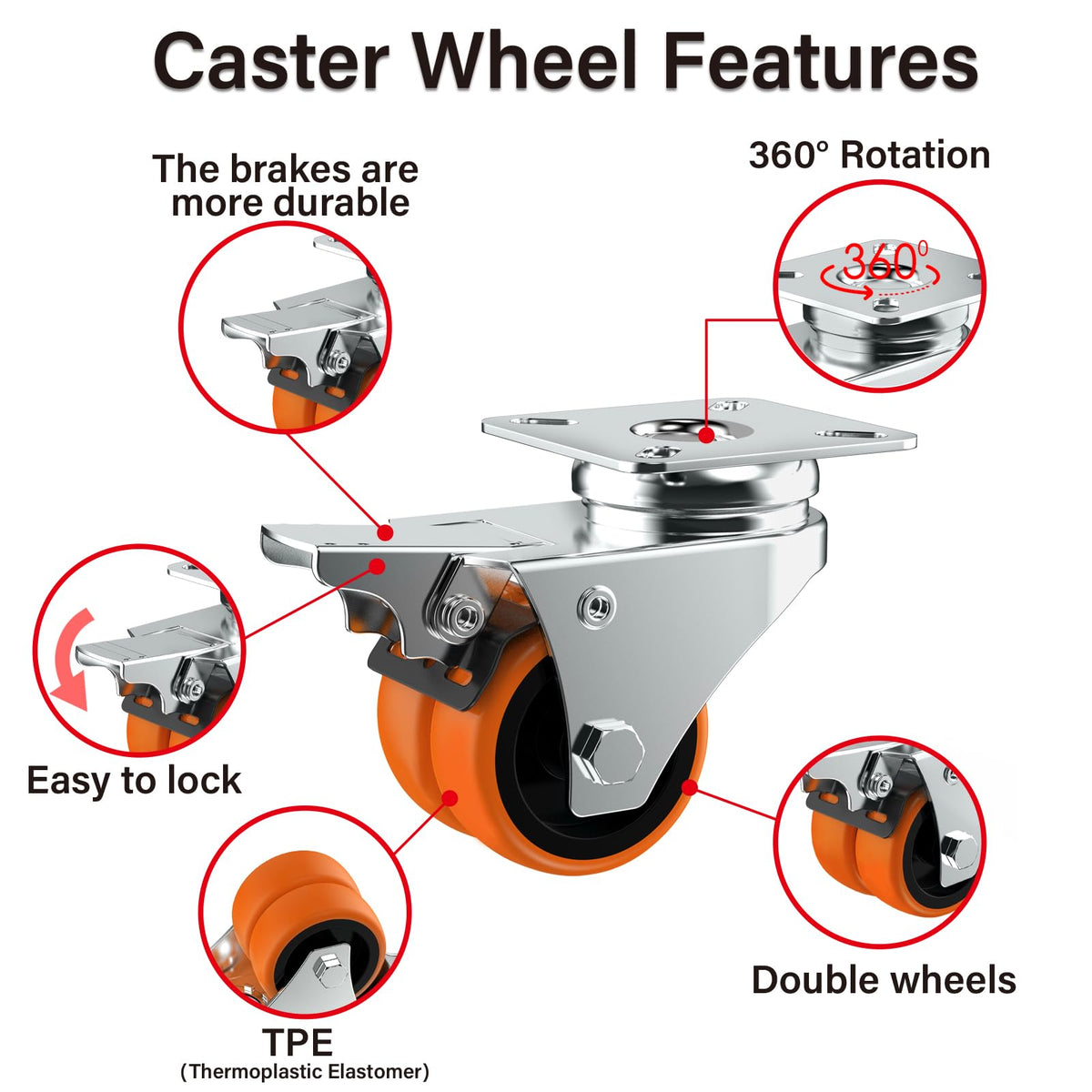 2" Double Wheel Casters with Brake 4 Pack K35354