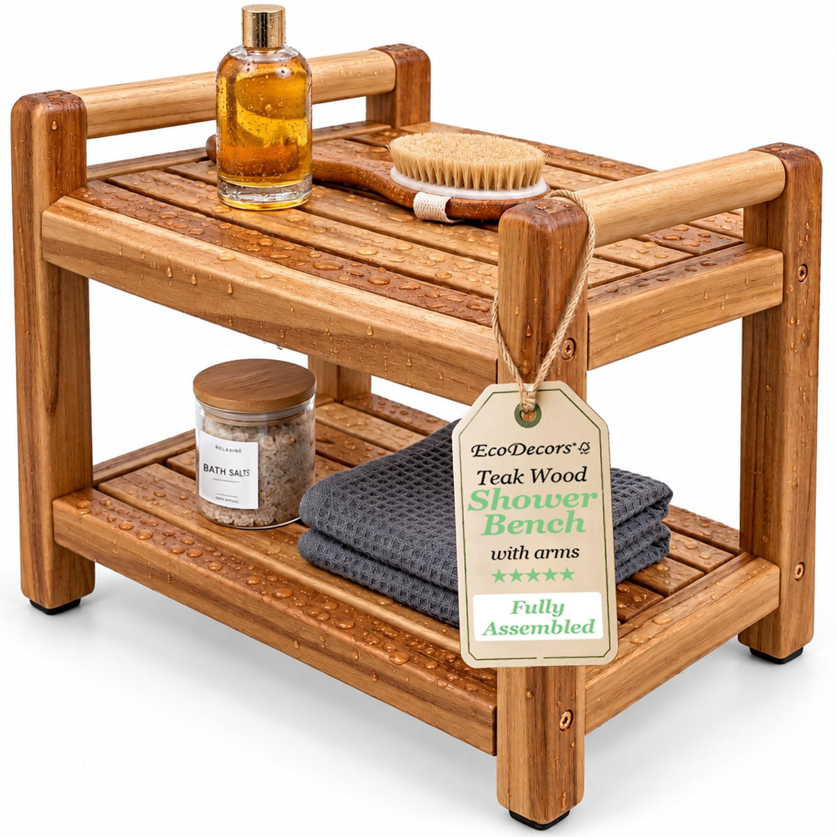 20" Teak Shower Bench with Arms & Storage Shelf O772343