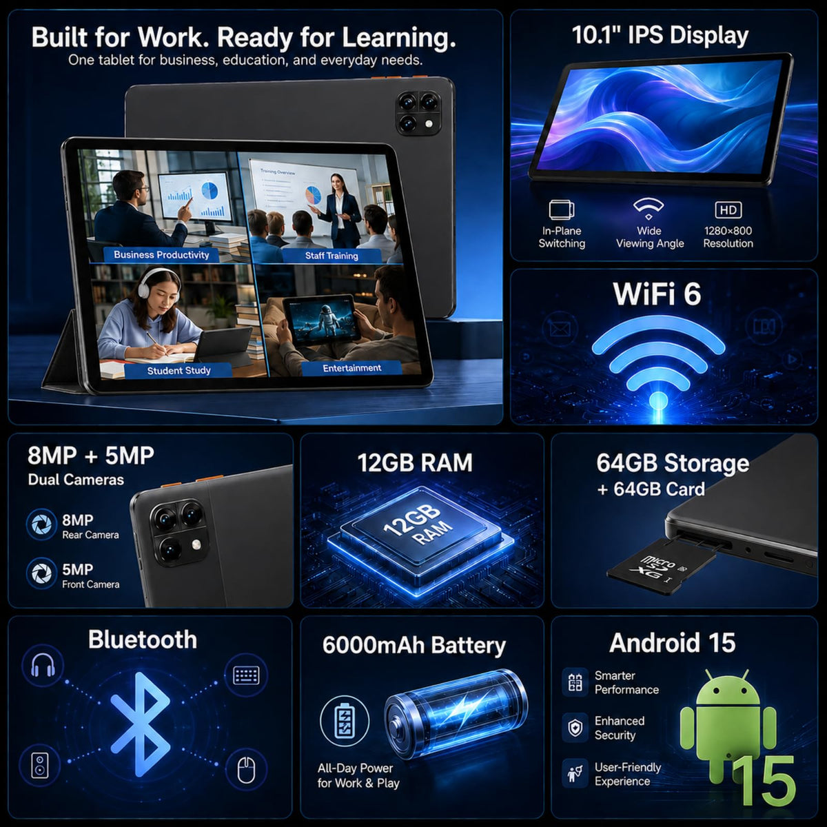 Android 15 Tablet, Octa-core 12GB RAM + 64GB + 64GB Card U370690