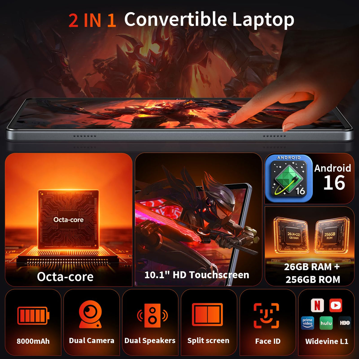 Black Android 16 Tablet with Keyboard C670