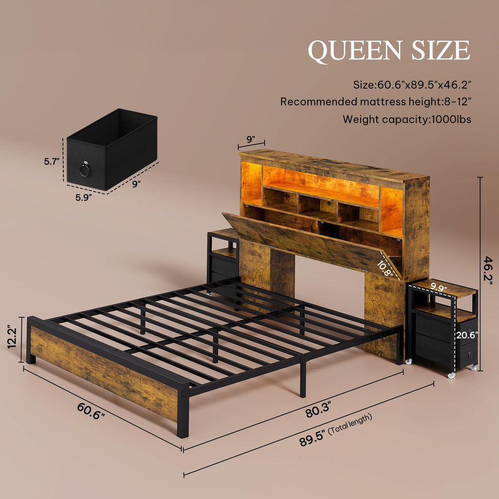 Queen Size Bed Frame with Storage Bookcase Headboard O90335