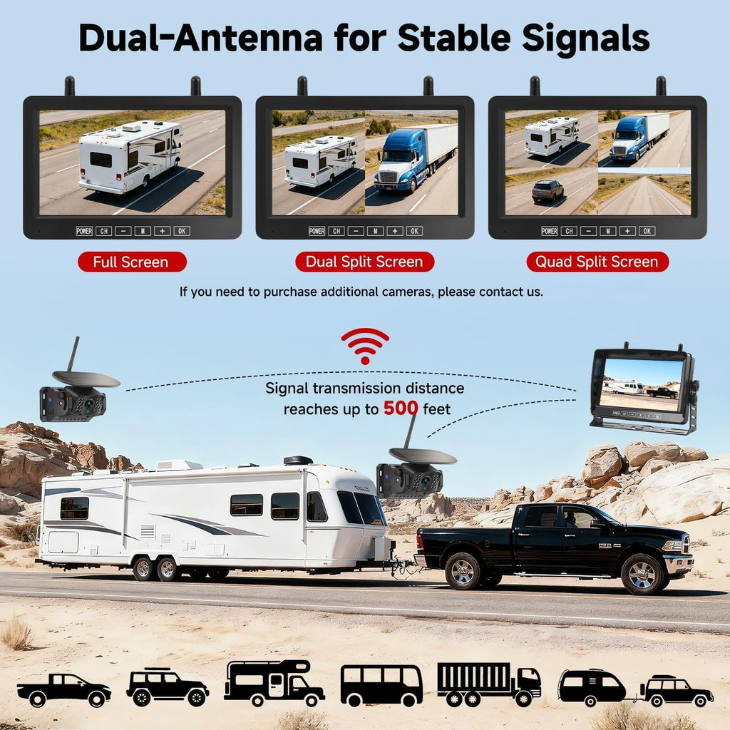 Dual Magnetic Wireless Backup Camera, 7” 1080P HD 4CH DVR Monitor O39738