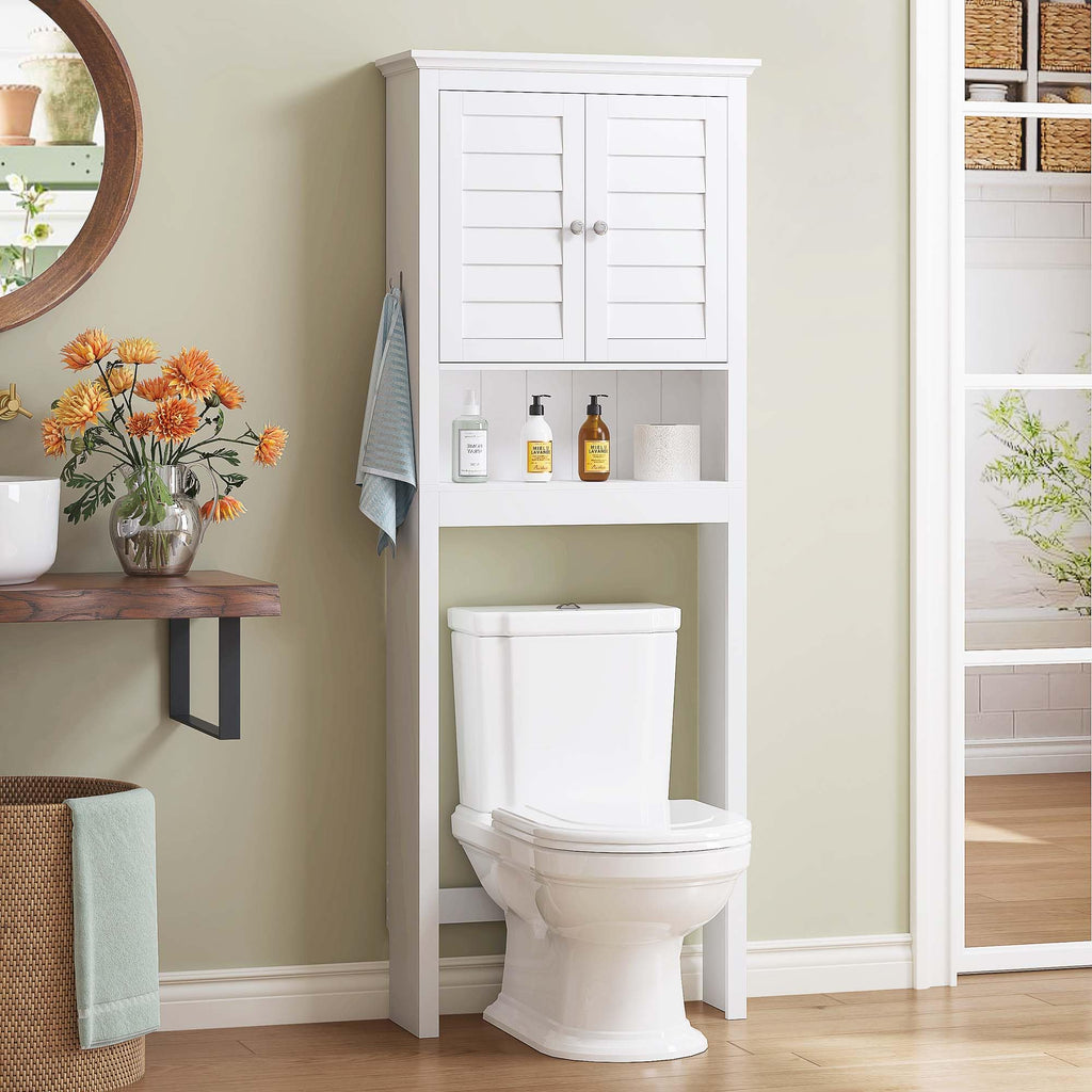 White Over The Toilet Storage Cabinet with Louvered Doors & Hooks G9264