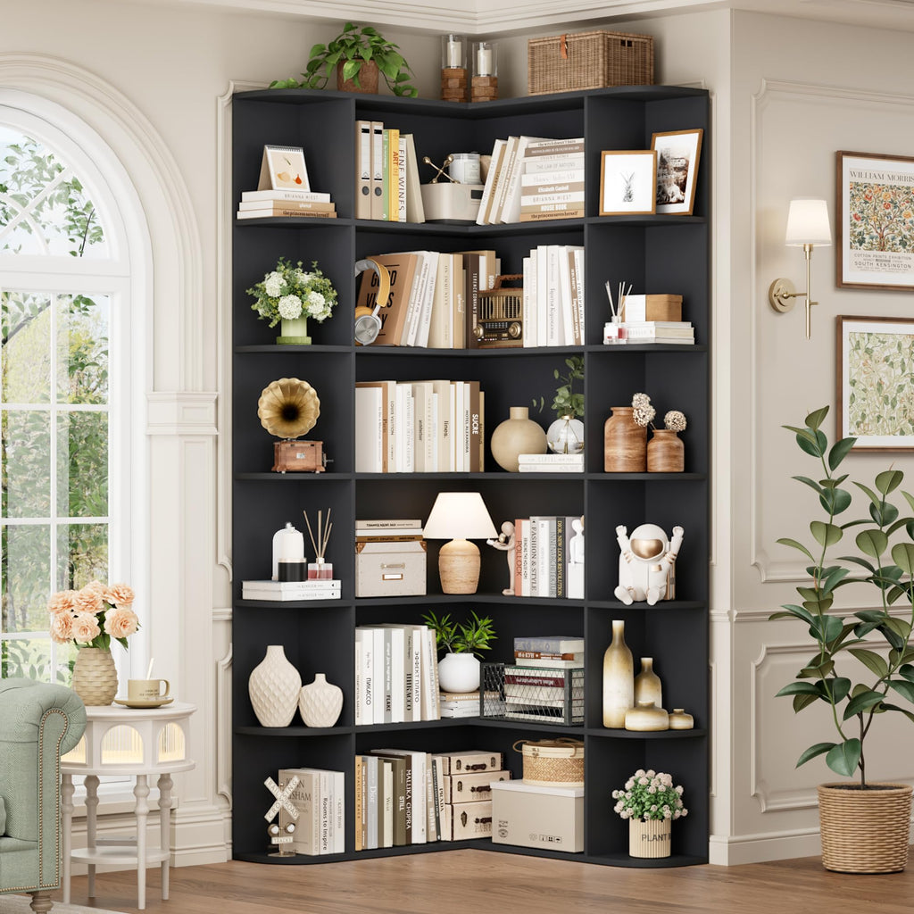 72" Tall 6-Tier Black Corner Bookshelf Z42532
