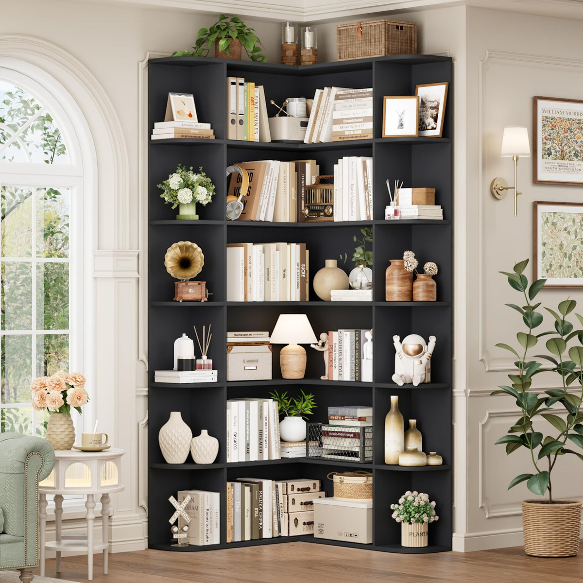 72" Tall 6-Tier Black Corner Bookshelf Z42532