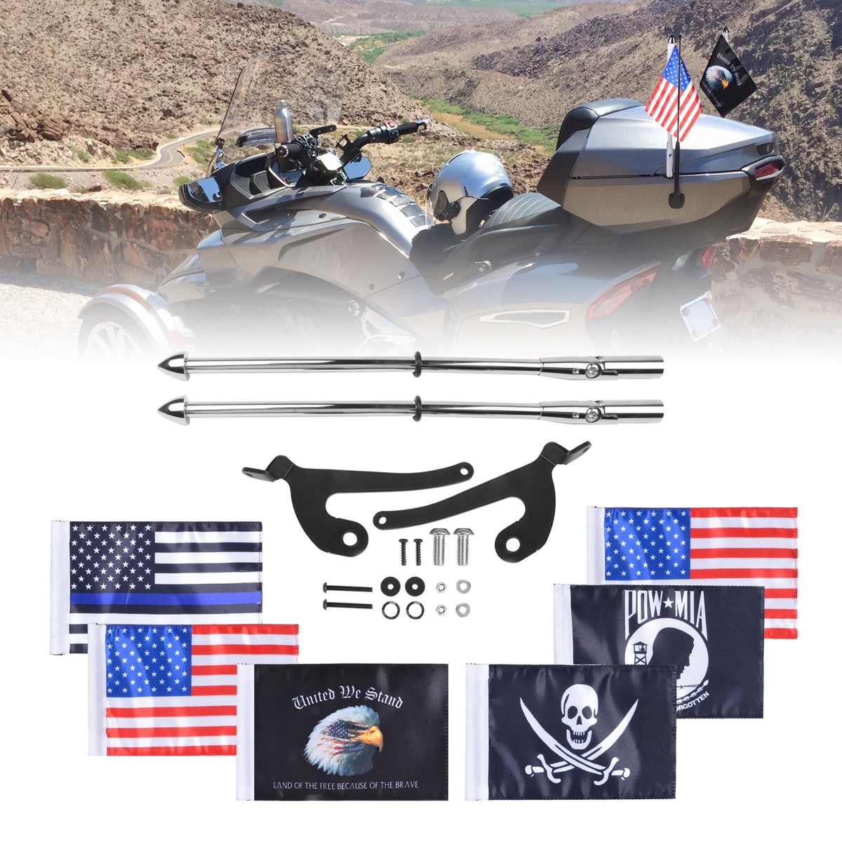 2 Pack Stainless Steel Flag Pole Mount Kit with 6pcs Flags D461