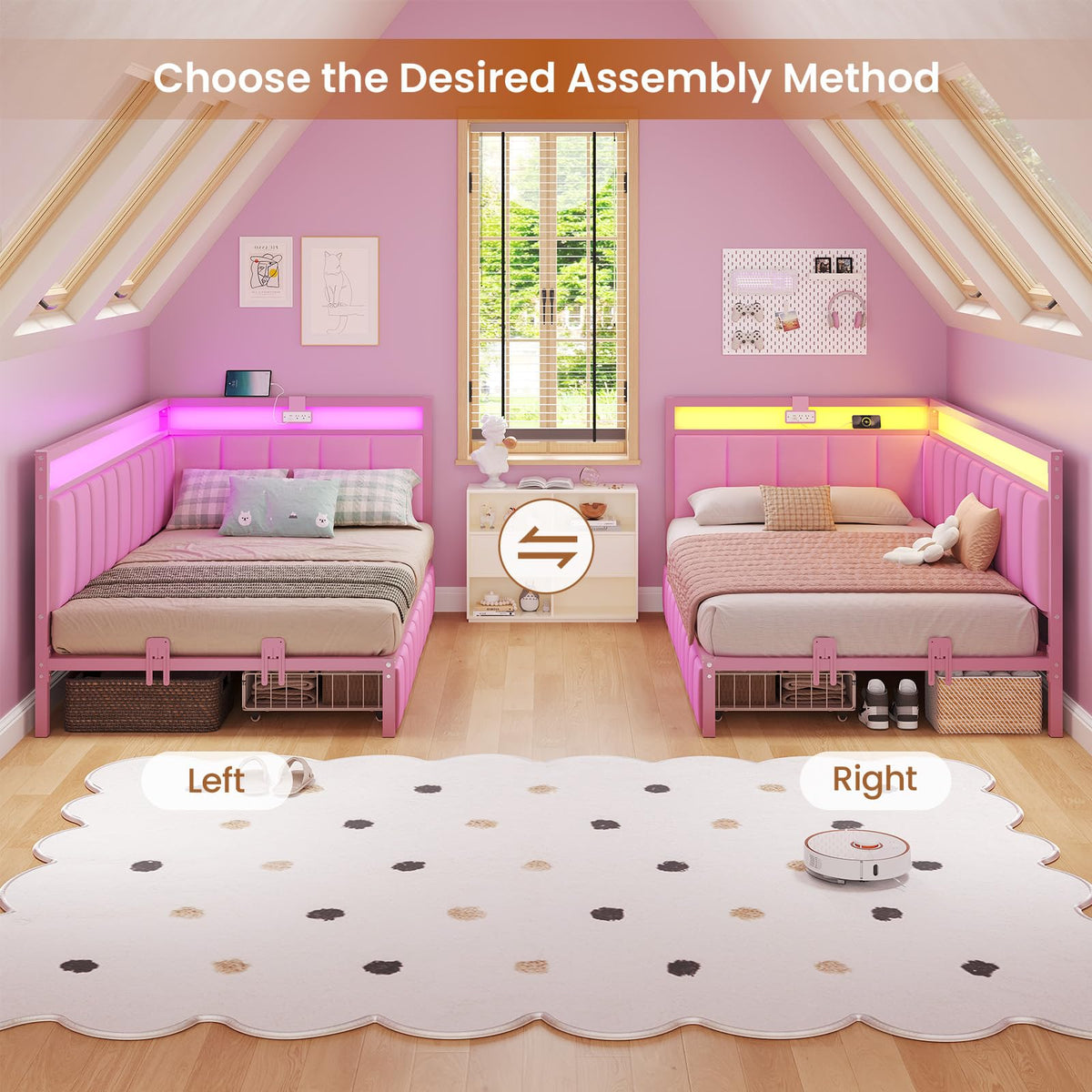 Pink Twin Size Corner Bed Frame with Storage Drawers Z8353