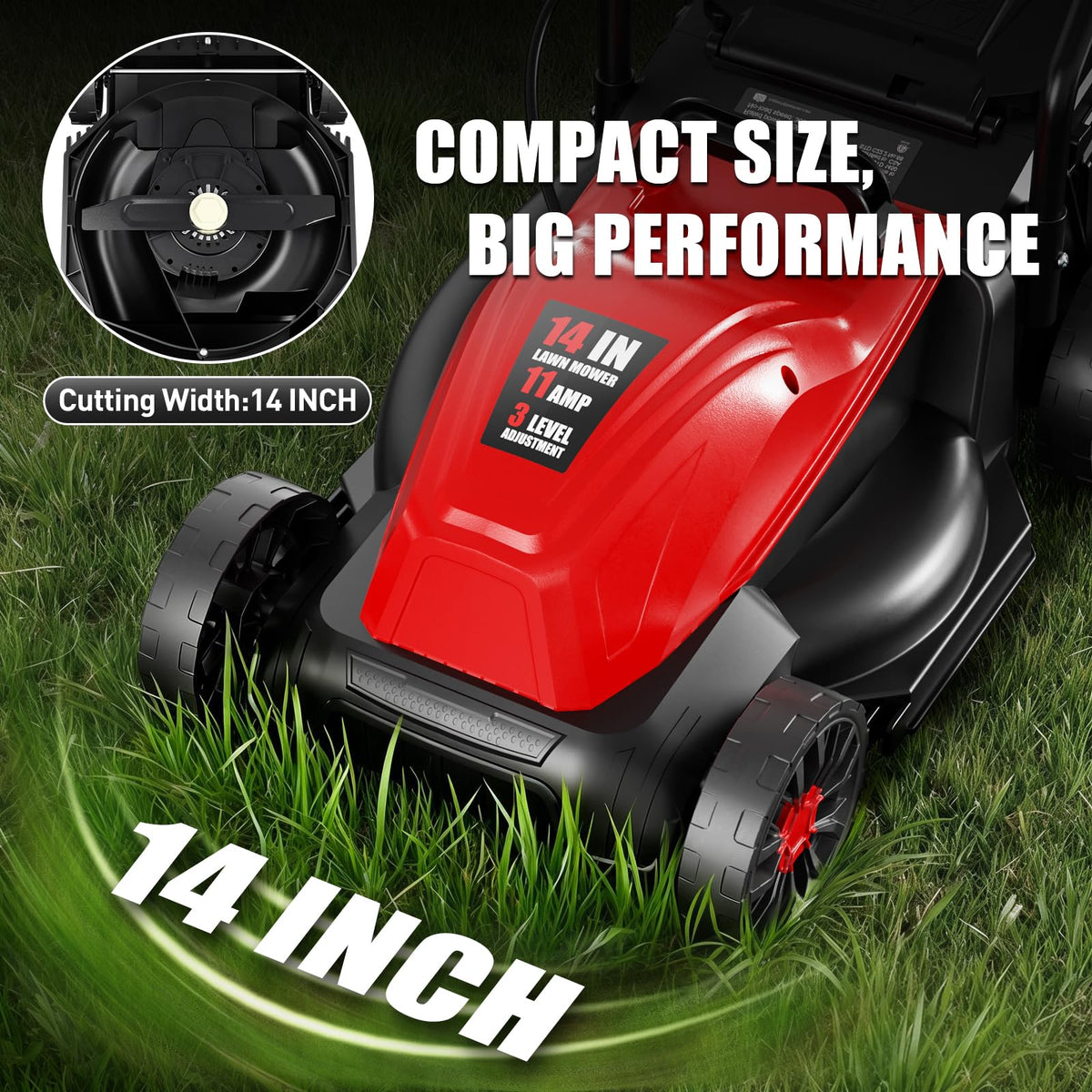 14" Corded Lawn Mower, 3-Height, 2-in-1 Mulch & Bag V533182