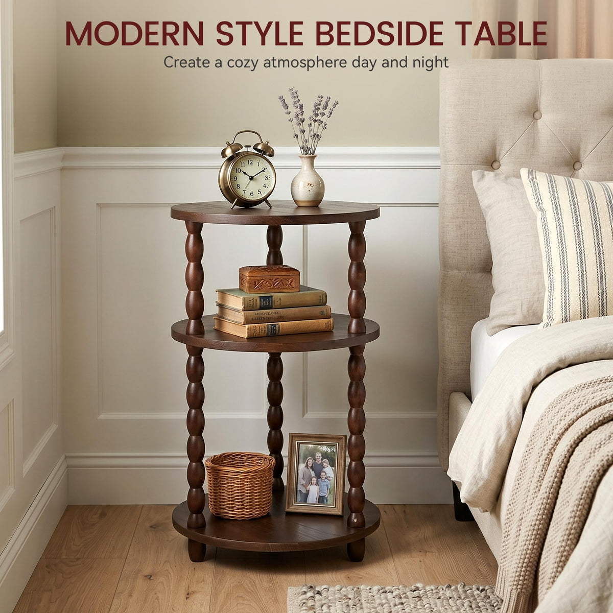 Small Round 3-Tier Solid Wood Side Table with Storage Shelf C874