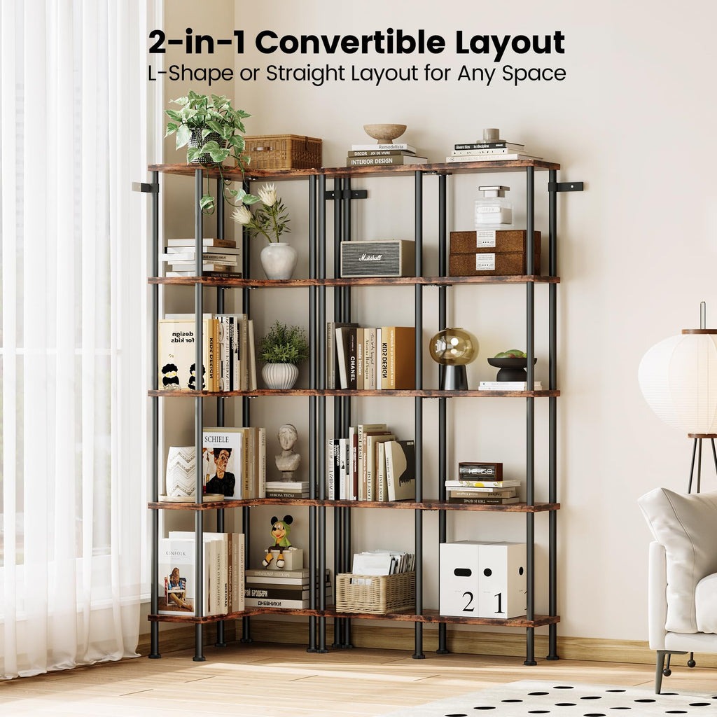 L-Shaped 5-Tier Rustic Brown Bookshelf R41286