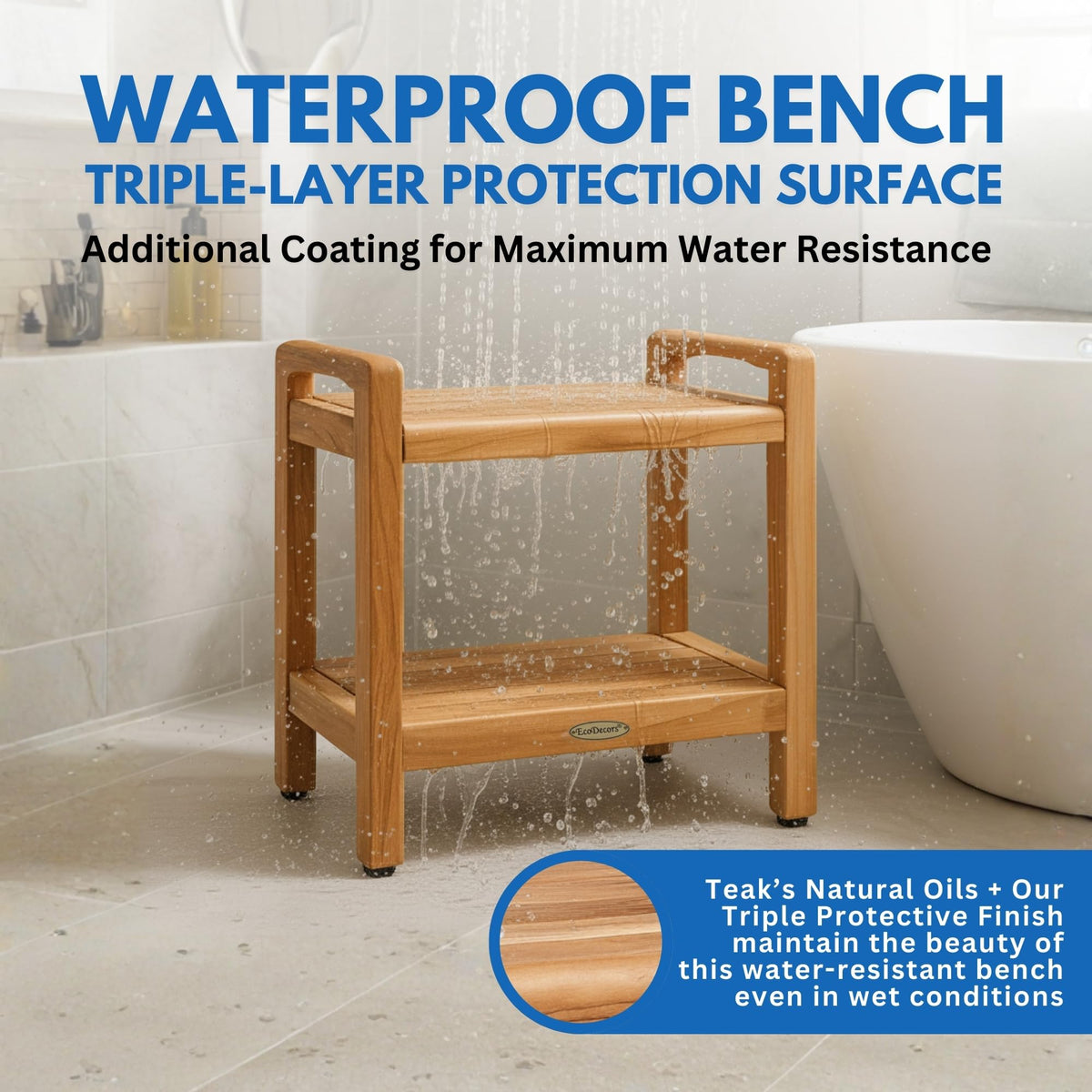 20" Teak Shower Bench with Arms & Storage Shelf O772343