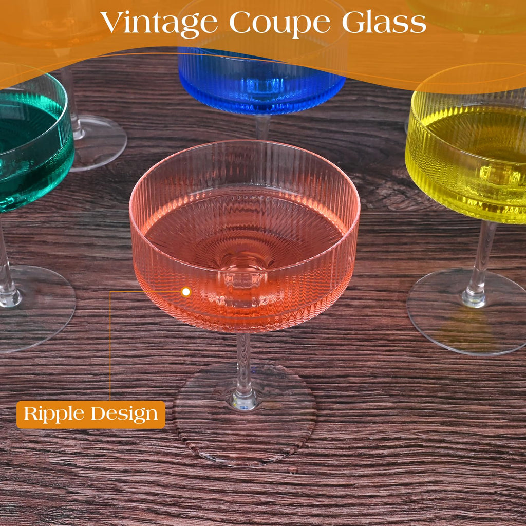 Ribbed Coupe Glasses Set of 6 Crystal Handmade 10Oz J206
