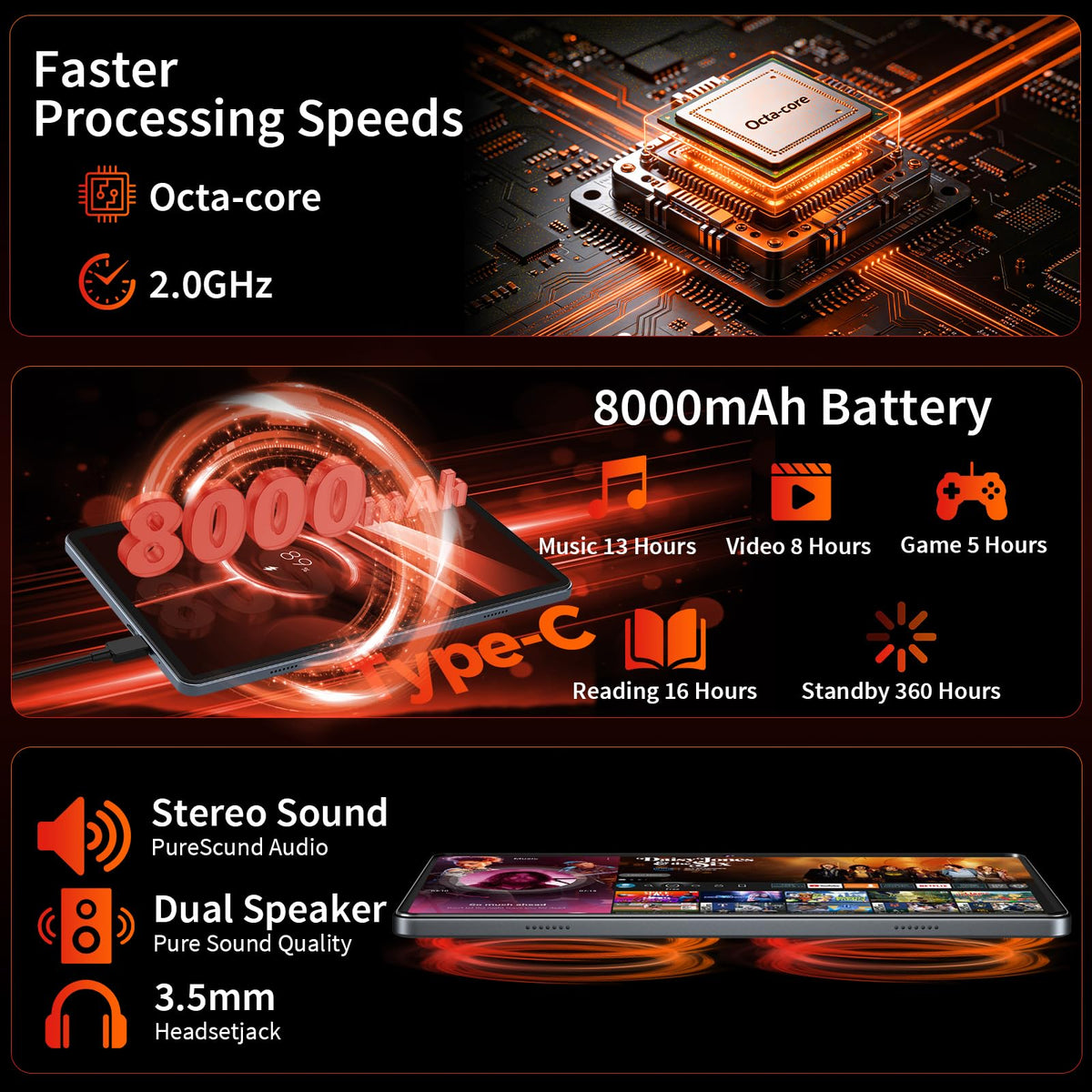 Black Android 16 Tablet with Keyboard C670