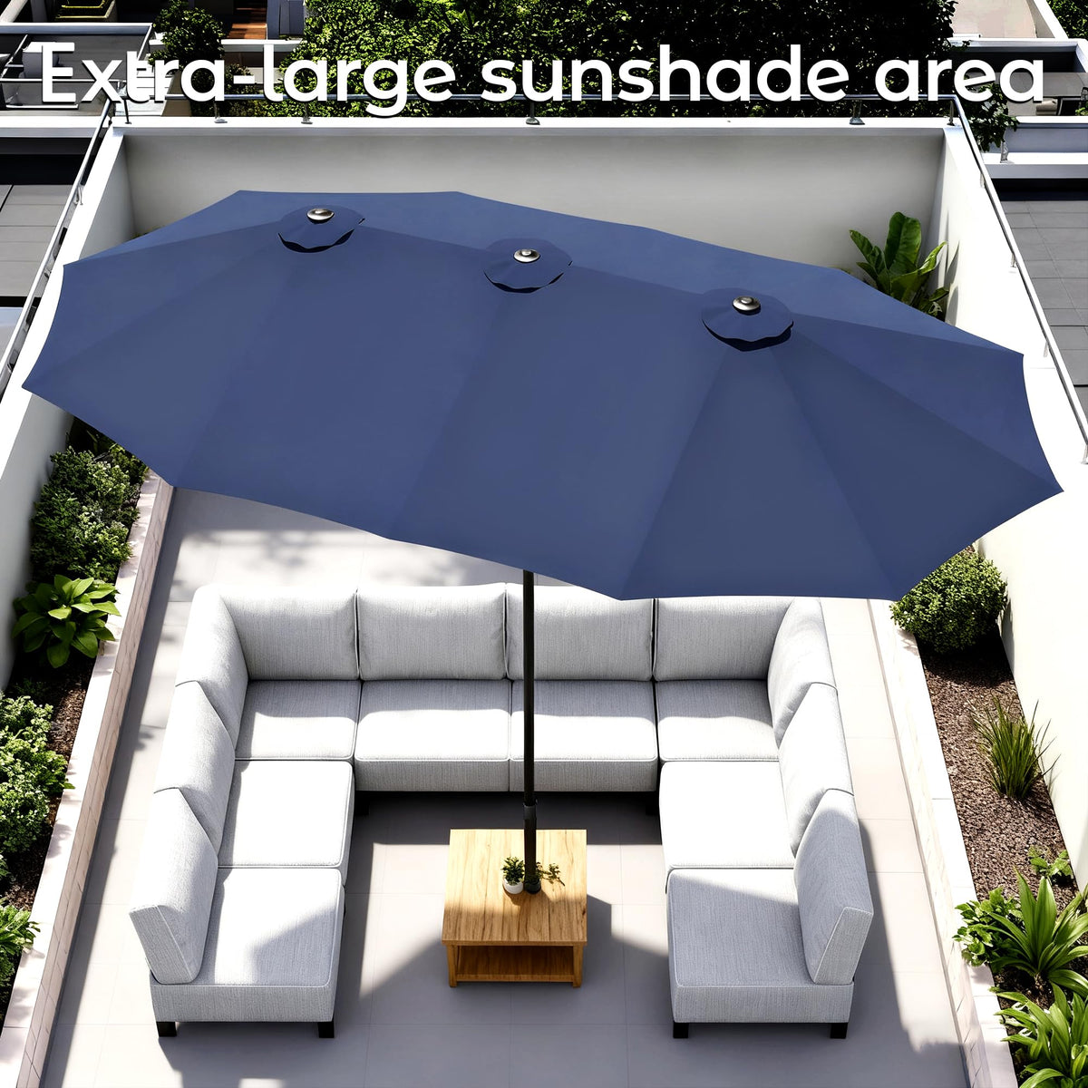 15ft Navy Blue Double-Sided Patio Umbrella with Base G853
