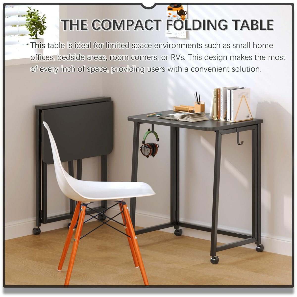 23.6" Folding Mobile Desk with Wheels, All Black D2779