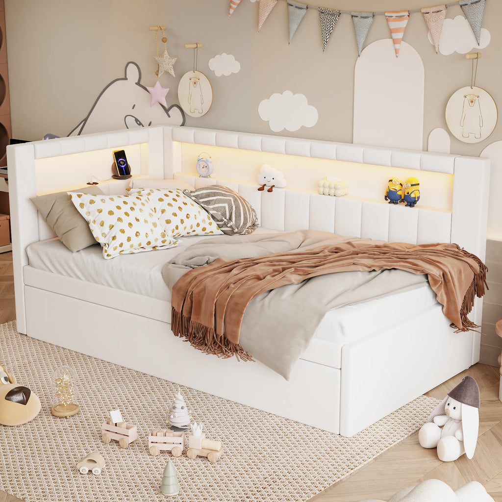 White Linen Upholstered Twin Size Daybed with Trundle and Bookcase Headboard F91803