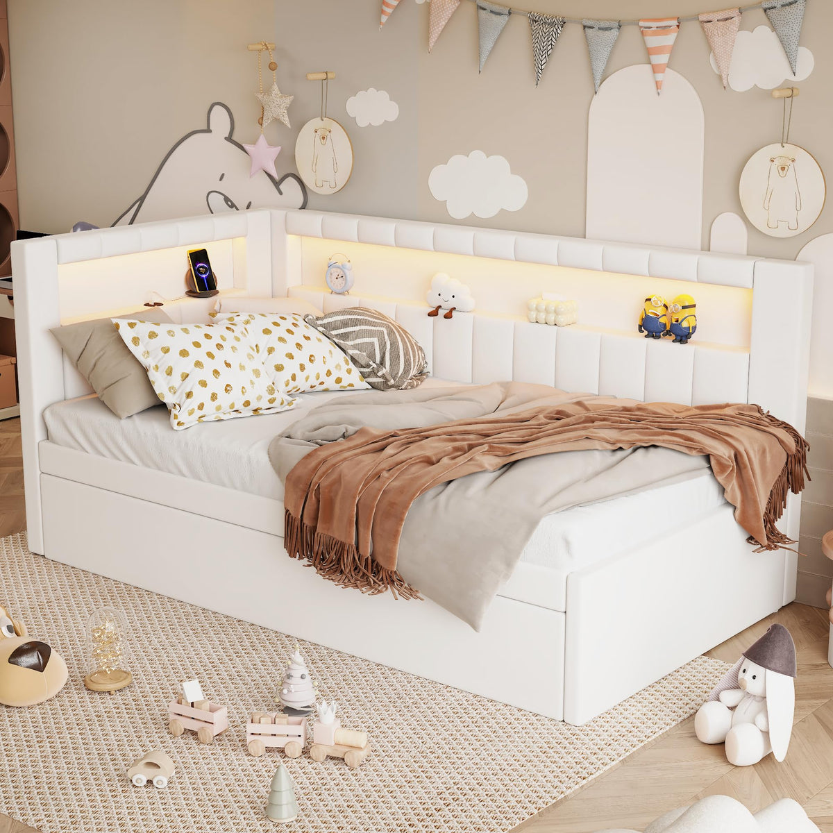 White Linen Upholstered Twin Size Daybed with Trundle and Bookcase Headboard F91803