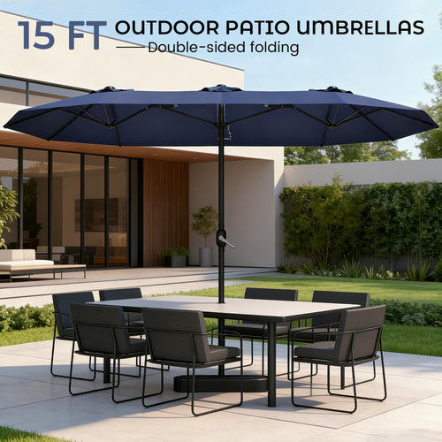 15ft Navy Blue Double-Sided Patio Umbrella with Base G853