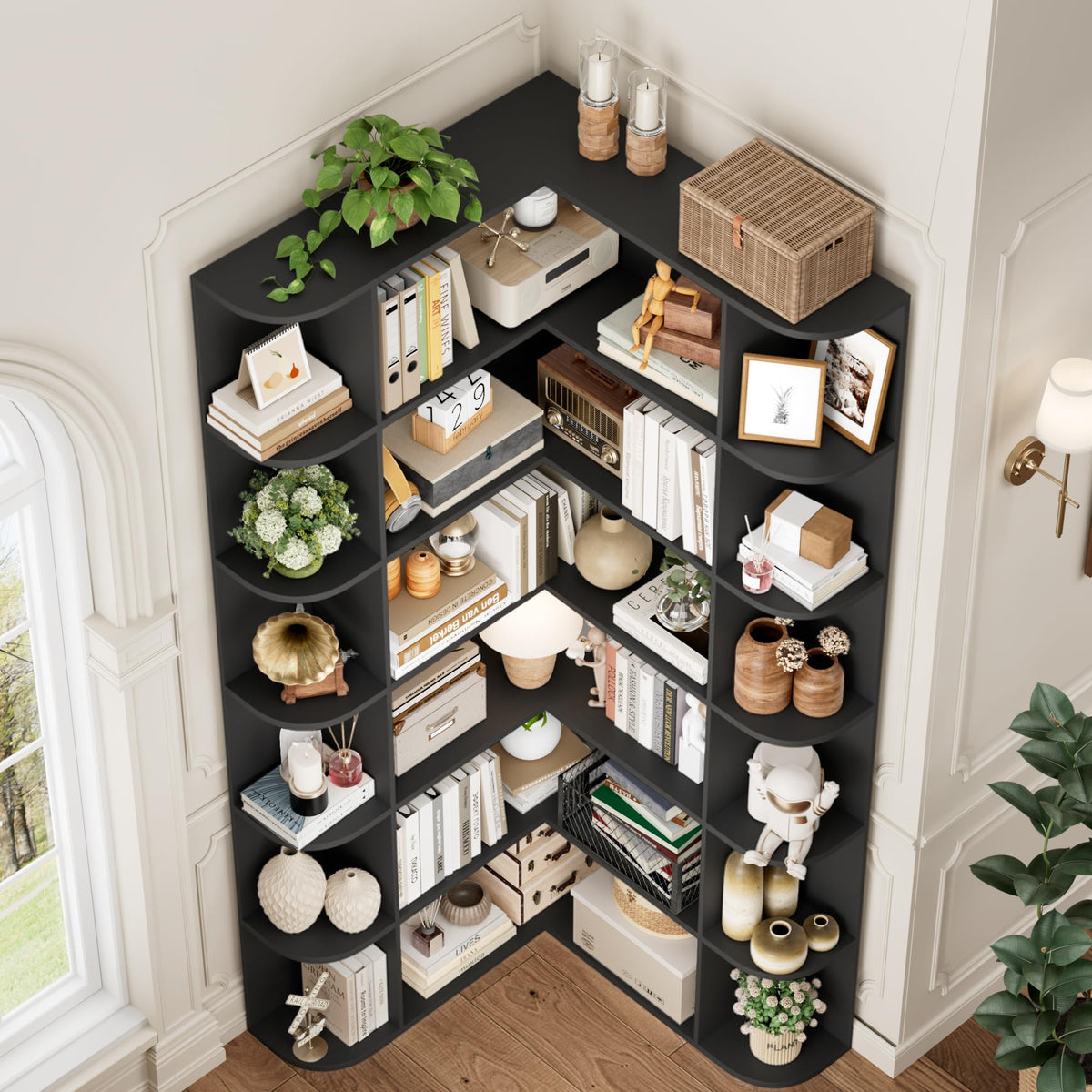 72" Tall 6-Tier Black Corner Bookshelf Z42532