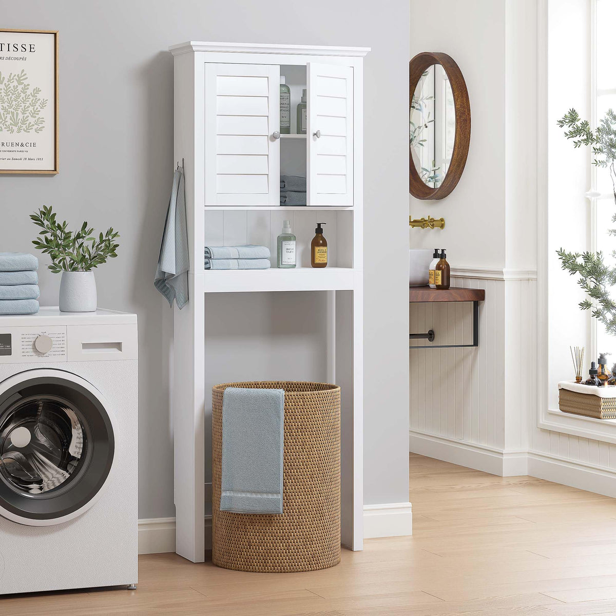 White Over The Toilet Storage Cabinet with Louvered Doors & Hooks G9264