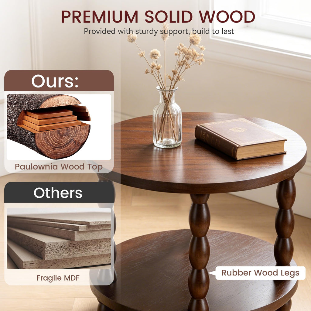Small Round 3-Tier Solid Wood Side Table with Storage Shelf C874